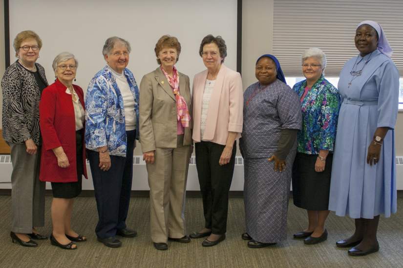 Left-Right: Sr. Carol Jean Vale, SSJ, Ph.D. (former Board Chair), Honoree Brighid Blake, Honoree Jane Farr, Ph.D., Honoree Sr. Anne Myers, SSJ, Ph.D., Honoree Sr. Marijane Hresko, OSF, MA, Honoree Sr. Florence Nwaonuma, SSH, Sr. Kathryn Dougherty, OSF (Board Chair), Sr. Draru Mary Cecilia, LSMIG, Ph.D. (ASEC Executive Director). Honorees not in attendance: Sr. Carol Ann Knight, SHCJ, MA, Sr. Anna Mary Henrietta Nyangoma, MCESM