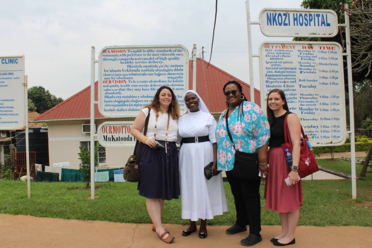 Staff & partners visited Nkozi Hospital in Kampala, Uganda, where HESA alumna Sr. Harriet Baker, IMHR, serves as Nursing Director, supervising ≈100 healthcare workers. From L-R:  Rosemary Shaver, Sr. Harriet Baker, April Fowlkes, Tara Lopatofsky