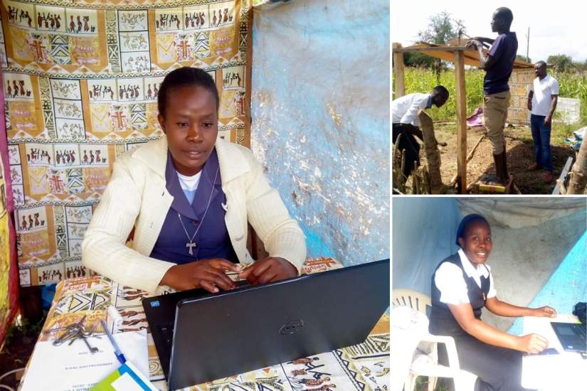 Sr. Christabel, an SLDI student in Uganda, works from a tent on her congregation's farm to get the best internet connectivity.