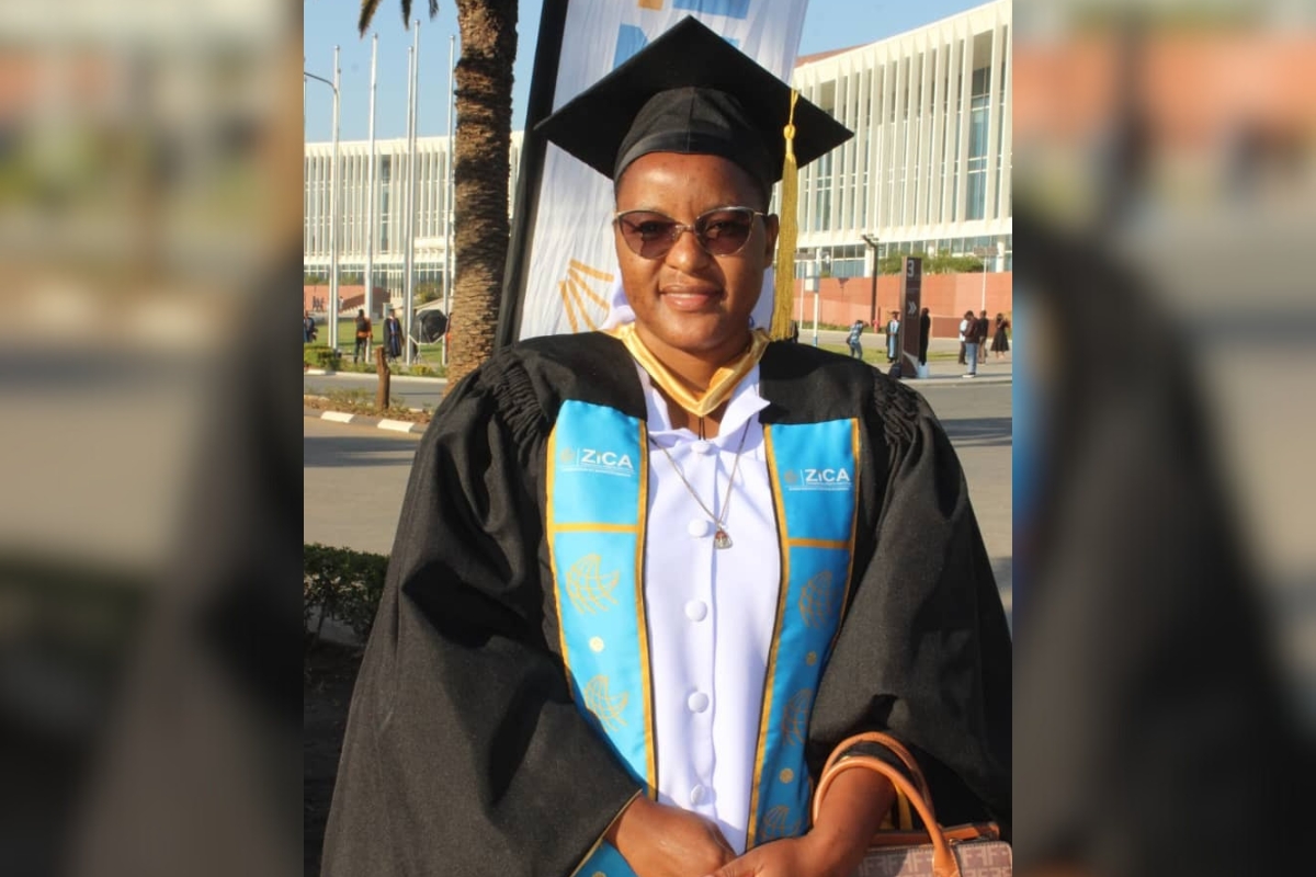 Sr. Purity Siloka, RSHS, celebrates her graduation, a milestone that equips her to strengthen financial management and support life-saving healthcare at Monze Mission Hospital.
