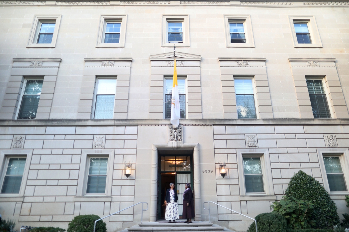 ASEC Board Chair Sister Barbara Spears, SNJM and Sister Nancy Kamau, LSOSF stand outside the entrance to the Apostolic Nunciature, awaiting guests’ arrival to ASEC’s 25 Jubilee Dinner in Washington D.C.