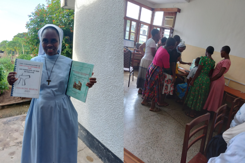 On the left: Sr. Magdalena showcases the manuals she has been able to write for her congregation as a result of her education. On the right: Sr. Magdalena mentors youth on basic technology skills.