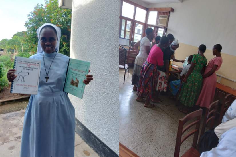 On the left: Sr. Magdalena showcases the manuals she has been able to write for her congregation as a result of her education. On the right: Sr. Magdalena mentors youth on basic technology skills.