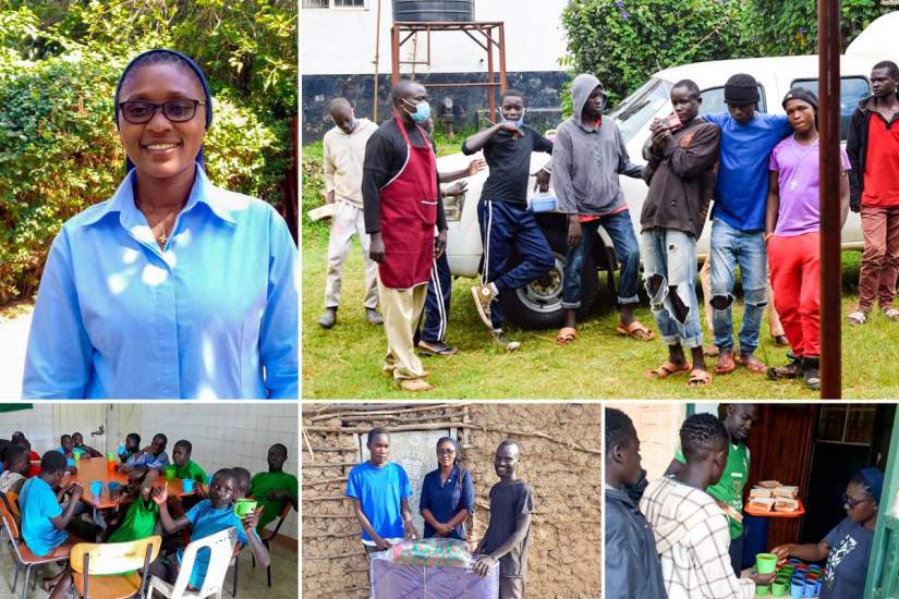 In January, 2020, HESA alumna Sr. Winnie Mutuku (top left), founded Upendo Street Children (USC), an organization that serves homeless boys in Kitale, Kenya.(Photos courtesy of Sr. Winnie and the USC Facebook Page)