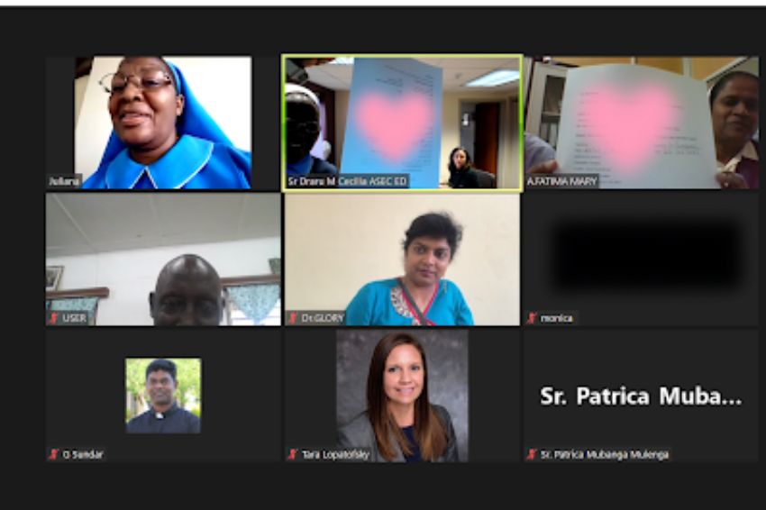 Members from ASEC US headquarters and faculty from DMI-St. Eugene meet via Zoom to sign partnership agreement.