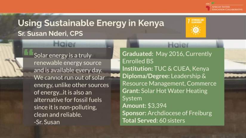 Sr. Susan knew that solar energy was a sustainable solution as it would be less expensive to maintain and is a truly renewable energy source. So, she wrote a successful grant that allowed her congregation to purchase and install a solar hot water heating system in the Provincial House. Sisters who work in the congregation’s other projects, as well as elderly and ill sisters (approximately 60 sisters) reside in the home.