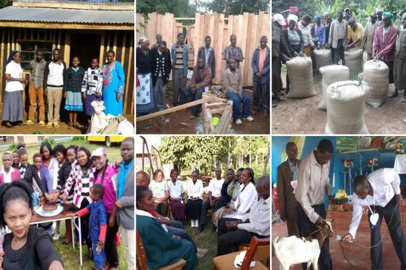 Clockwise, from L-R
1-3. Local fundraising has become a hobby for Sr. Lucy, who actively seeks out those in need and organizes events to support them. 
4. One of Sr. Lucy's programs provides support for young married women in need of family counseling. 
5. Sr. Lucy mentors her staff on basic computer technology so they can create reports and workplans.
6. Some girls have to go into seclusion to hide from threats of FGM. So, Sr. Lucy organized the distribution of maize, beans and cooking oil to feed them.