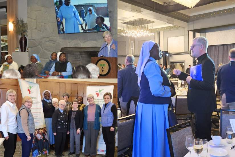 Clockwise from top left: Sr. Kathryn Clauss, IHM, presents at ASEC’s Night of Storytelling, Sr. Draru Mary Cecilia, LSMIG, networks at ACCU Annual Meeting, ASEC staff visits the Sisters of Charity of the Blessed Virgin Mary.