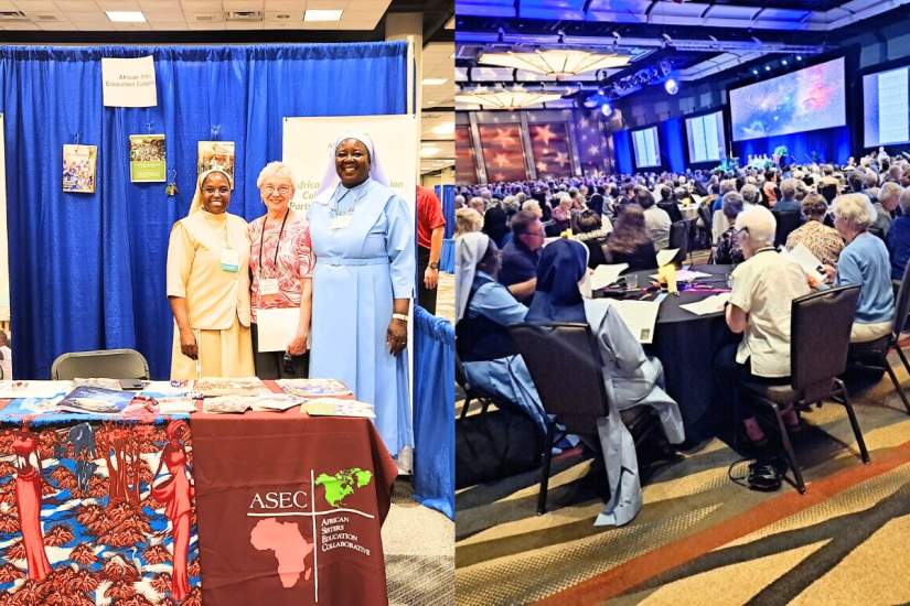 Left: Director of Development, Sr. Nancy Kamau, LSOSF, and ASEC Executive Director, Sr. Draru Mary Cecilia, LSMIG, share the mission of ASEC at LCWR.
Right: This year’s LCWR theme was Drawn by Sacred Mystery: A Journey into Hope. ASEC networked with sisters from across the U.S.