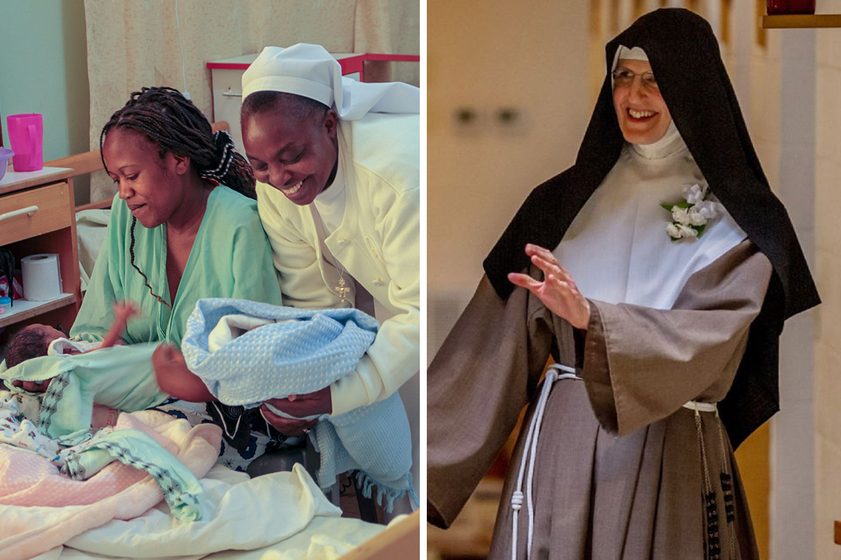 Left: A Catholic sister in Kenya, Africa helps to deliver a baby at her congregation's hospital. Right: Villanova basketball star Shelly Pennefather left her family, friends and basketball career to become a cloistered nun.