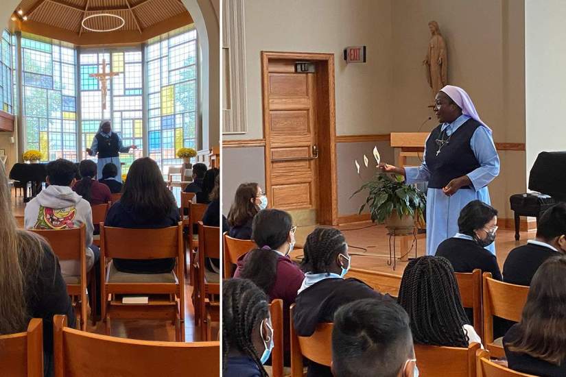 ASEC Executive Director Sr. Draru Mary Cecilia, LMSIG, speaks to students of NativityMiguel on October 15, 2021 at the Marian Chapel in the Swartz Center for Spiritual Life on Marywood University's campus in Scranton, PA. Many thanks to Mr. Tim Casey, Principal of NativtyMiguel, for sharing photos from the discussion.