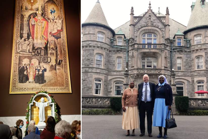 Left: The newly blessed a sanctuary for the Holy Child Jesus in the Cathedral. Right: Sr. Nancy Kamau (Director of Development, ASEC), Jayson Boyers (President, Rosemont College) and Sr. Draru Mary Cecilia (Executive Director, ASEC) in front of the Joseph Sinnott Mansion is the Main Building at Rosemont College. The property was purchased for $250,000 by the Sisters of the Holy Child of Jesus in 1921 and later sold for $1 to Rosemont College in 1927.