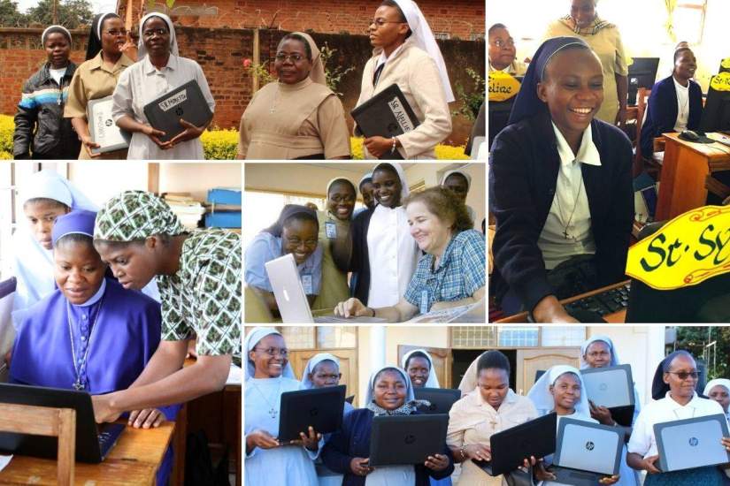 Sisters have been learning technology and computer skills through ASEC as far back as 2005, when Catholic sisters in the U.S. traveled to Kenya, Tanzania, Uganda and Ghana to implement the first ASEC computer labs in Africa for the sisters. Pictured in center are sisters in Cape Coast Ghana getting their first computer lesson in the new lab from Sr. Kathleen Burns, IHM. Other photos are sisters from various countries receiving laptops and attending technology trainings through ASEC.