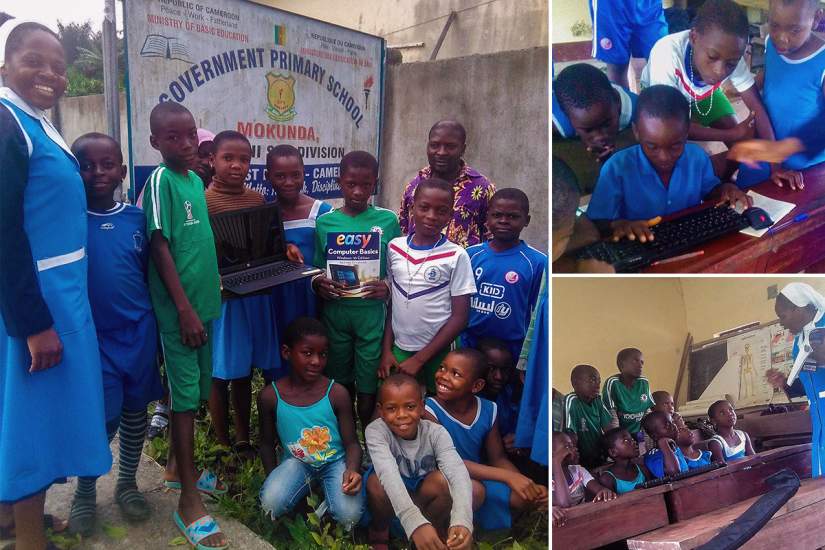 Sr. Doris shares her technology skills with primary school students in Cameroon. The students can't wait for her to come back and teach them more about computers.