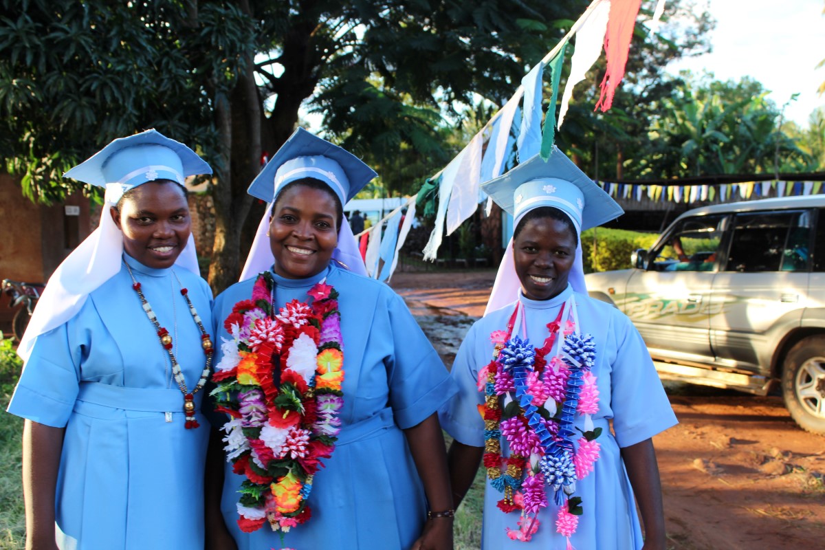 Bigwa 2017 form six graduates from L-R: Sr. Genovefa Mrope, OSB, Sr. Syrilla, OSB, and Sr. Idda Mponzi (Collegine sister) express their gratitude to ASEC donors for the financial support of their Bigwa scholarships.