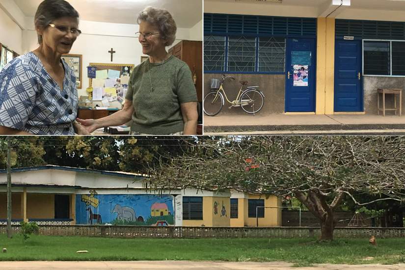 ASEC Board Member Sr. Kathryn Miller, SSJ, Ph.D., Chestnut
Hill College, along with ASEC Ghana staff members Sr. Francisca
Damoah, SIJ and Sr. Martha Attakruh, SHCJ visited service trip
sites in August, 2018, in preparation for the 2019 trip. Above, Sr. Kathryn (right) talks with Sr. Mary Ann, SSND, who has served at Mary Queen of Peace School for 44 years.