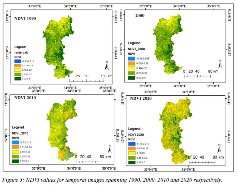 Sr. Agnes’ analysis of vegetation in Mzima District 1990, 2000, 2010, and 2020, respectively.