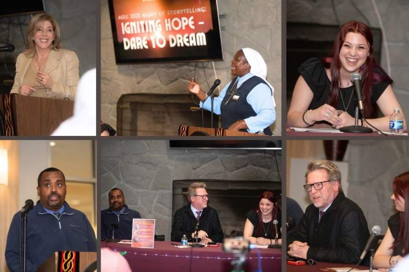 Top row from left: Marywood University President Lisa A. Lori, JD., ASEC Executive Director, Sister Draru Mary Cecilia, LSMIG. Sr., and Madi Grose.
Bottom row from left: Dr. Yerodin Lucas, 2025 Night of Storytelling Speakers, and James Sullivan.