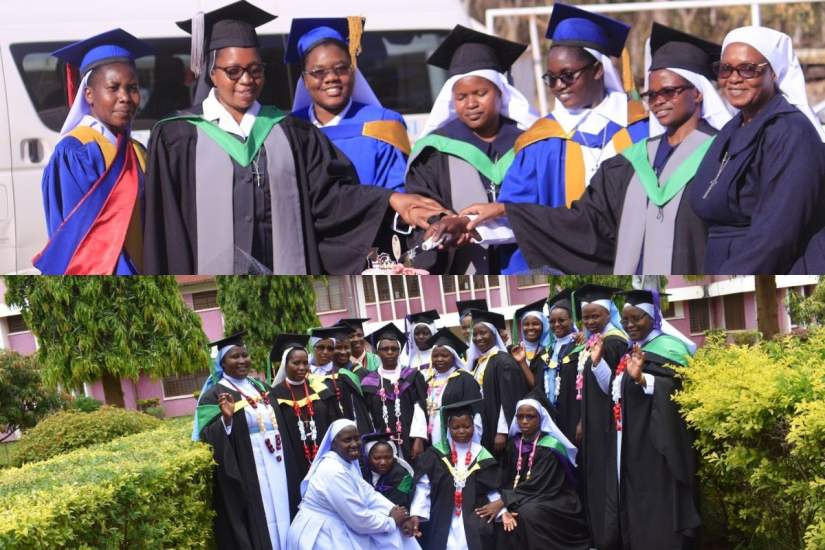 CUNIMA graduates and ASEC staff cut a cake at their graduation celebration (top). JUCO graduates pose for a commencement photo (bottom).