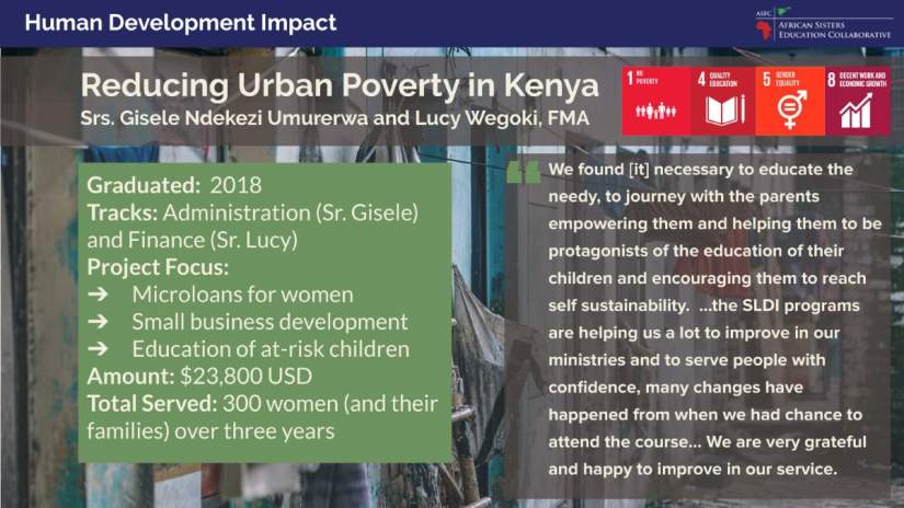 Srs. Gisele and Lucy developed a project to serve families living in urban poverty in the slums of Kenya. The project focuses on microloans for women, small business development and education of at-risk children.