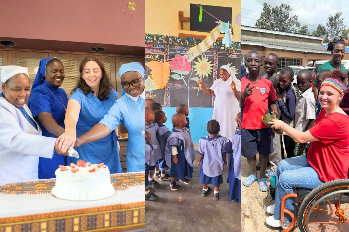 Left to Right: Staff members cut cake in celebration of their service to ASEC for over 10 years; Sr. Verla Elbira, SST, teaches in Cameroon; Service Learning participant Madilyn Grose visits Cottolengo Home in Kenya.