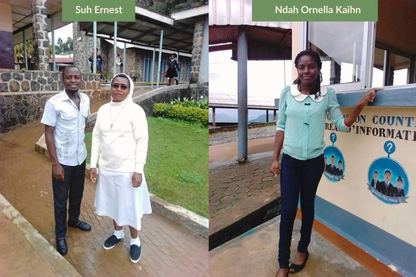 Sr. Euphemia has mentored two hospital employees who work at the customer service desk, Suh Ernest (left) and Ndah Ornella Kaihn (right).