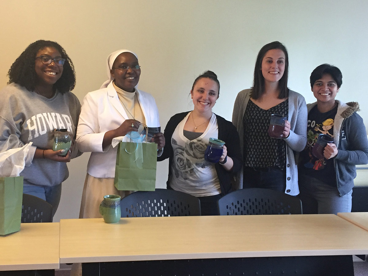 Sneh Akruvala (right) poses with fellow ASEC Graduate and Research Assistants, from L-R Amara Chukwunenye, Sr. Keven Karimi, Heather Wimmer and Kimberly Shaheen (May 2017)