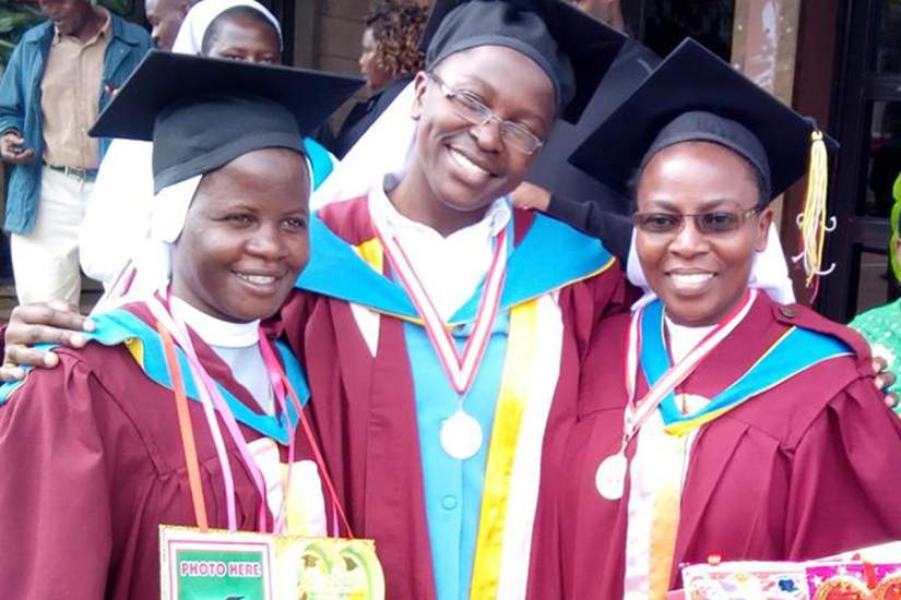 Sr. Imelda, Sr. Mary Kenyesigye and Sr. Mary Nalule pose for a photo after graduation from CUEA through ASEC's HESA program (November, 2017).