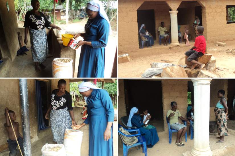 HESA alumna Sr. Veronica helping Mrs. Agu with her business selling ogbono soup in Nigeria.