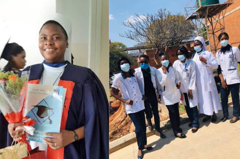 On the left, Sr. Mindoza Mambo at her graduation ceremony. On the right, members of Sr. Mindoza's palliative care team in Zambia pose for a picture.