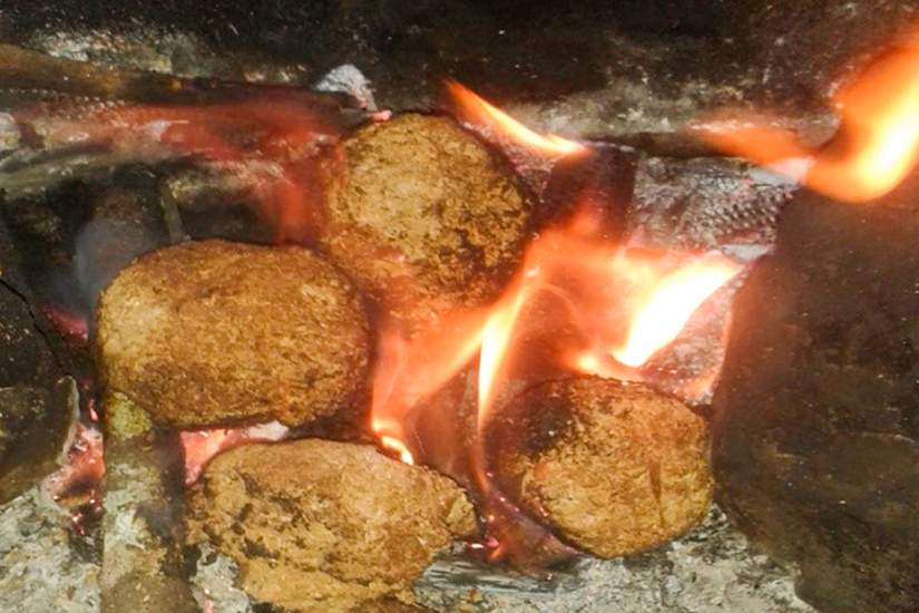 Sawdust briquettes made from a simple recipe of sawdust and water, burning on the fire.