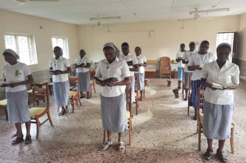 Women religious in Nigeria pray together during the COVID-19 pandemic in 2020.