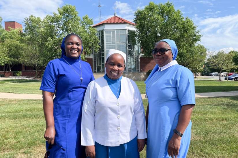 Sr. Lina Wanjiku Ndugn’u, SE; Sr. Clarisse Remjika Jaiwo, SST; and Sr. Francisca Demoah, SIJ, pause for a photo outside ASEC headquarters at Marywood University. The directors are spending part of the summer in the U.S., sharing the impact of ASEC-supported sisters across Africa.