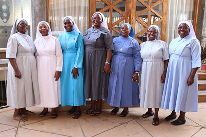 Uganda Alumni new executive members with Uganda ASEC staff. From L-R: Sr Mary Germina Keneema MSMMC (ASEC Director-- Uganda), Sr. Mary Goretti Nassuuna LSOSF (Member), Sr. Anne Jolly GSS Namugga (Secretary), Sr. Julie Awacango SHS (Treasurer), Sr. Theresa Nakamya DM (Chairperson), Sr. Petronilla Kyomugisha MSMMC (Vice-Chairperson), Sr. Irene Lucy Onyai LSMIG (ASEC Programs Coordinator-- Uganda)