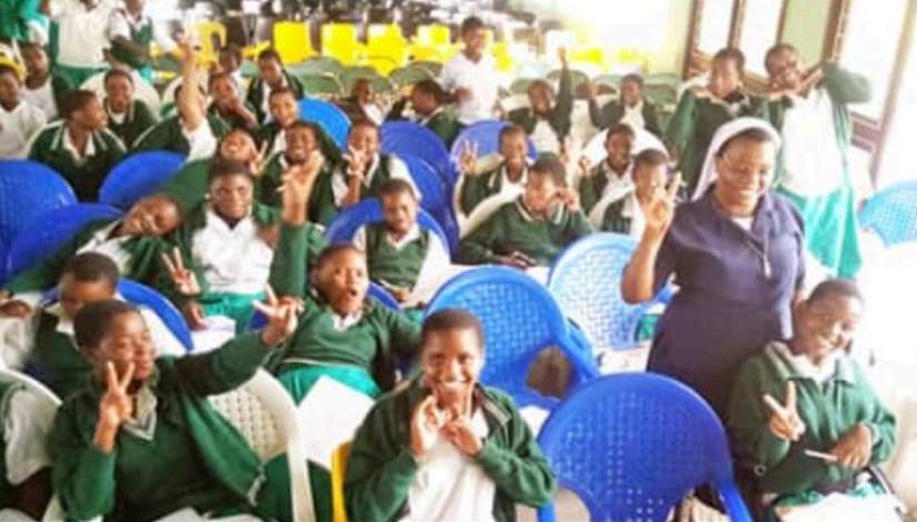 Sr. Agnes Mmanga, SOL, teaching students in her inclusive education classroom at Stella Maris Girls Secondary School.