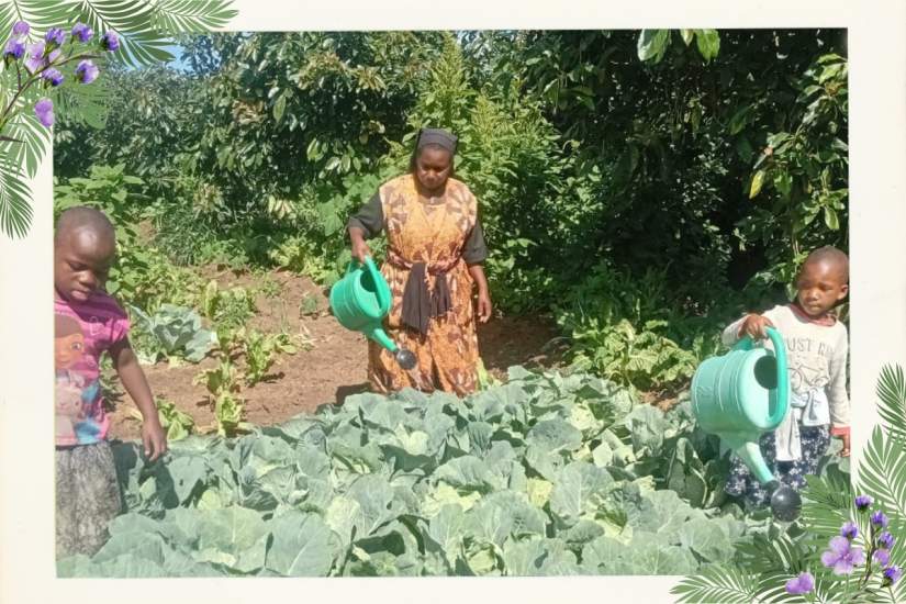 Sr. Sophia teaches orphans to work in the garden.