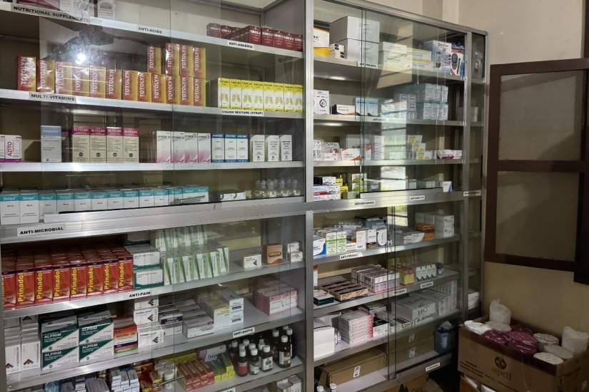 The pharmacy at Holy Cross Health Centre, where Sr. Catherine ensures medications are dispensed correctly and managed efficiently for over 1,000 patients each year.