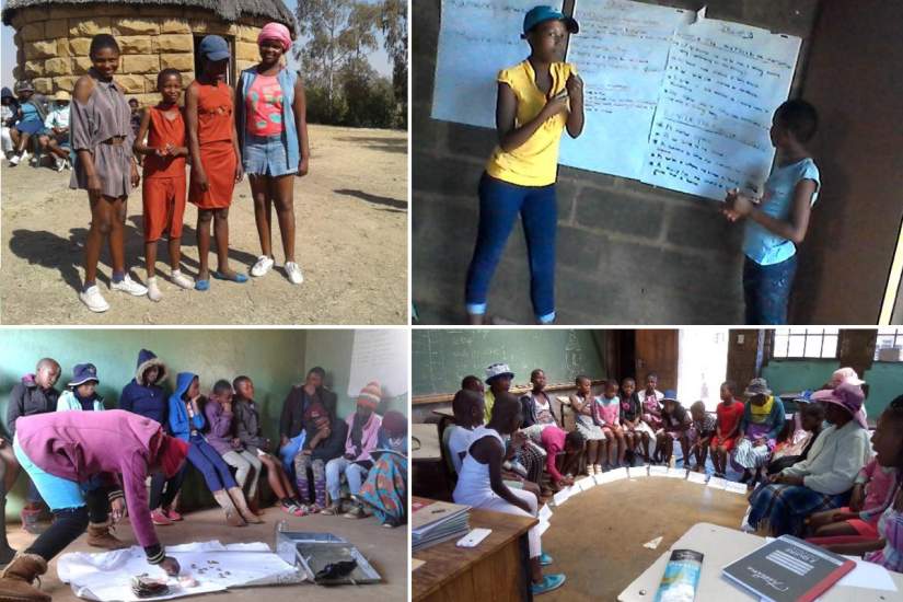 Top left: AGYW model clothes they made through their Savings and Internal Lending Community (SILC)
Top right and bottom left: AGYW participating in HIV messaging topics
Bottom right: AGYW and their caregivers attend parenting sessions.