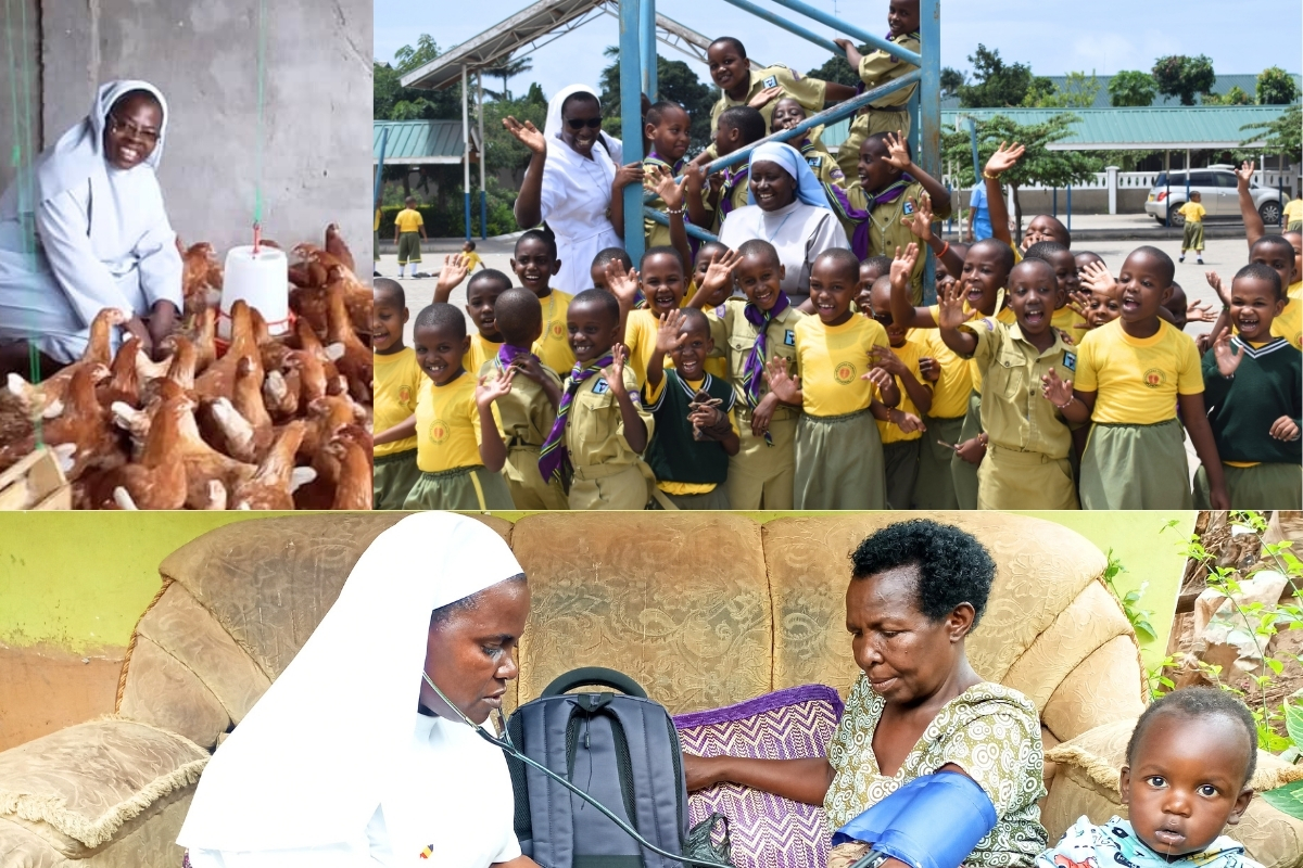 Clockwise from the top left: Sr. Innocentia Ndikum, SOM, at poultry raising project in Cameroon, Sr. Immaculator Rugumila, FDCC, with scout children at Canossa Primary School in Tanzania, Sr. Harriet Baker, IHMR, cares for patient in Uganda.
