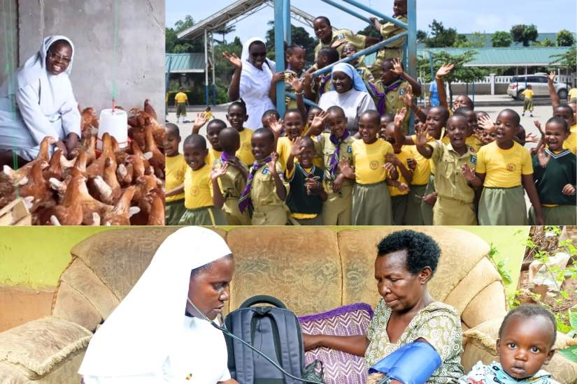Clockwise from the top left: Sr. Innocentia Ndikum, SOM, at poultry raising project in Cameroon, Sr. Immaculator Rugumila, FDCC, with scout children at Canossa Primary School in Tanzania, Sr. Harriet Baker, IHMR, cares for patient in Uganda.