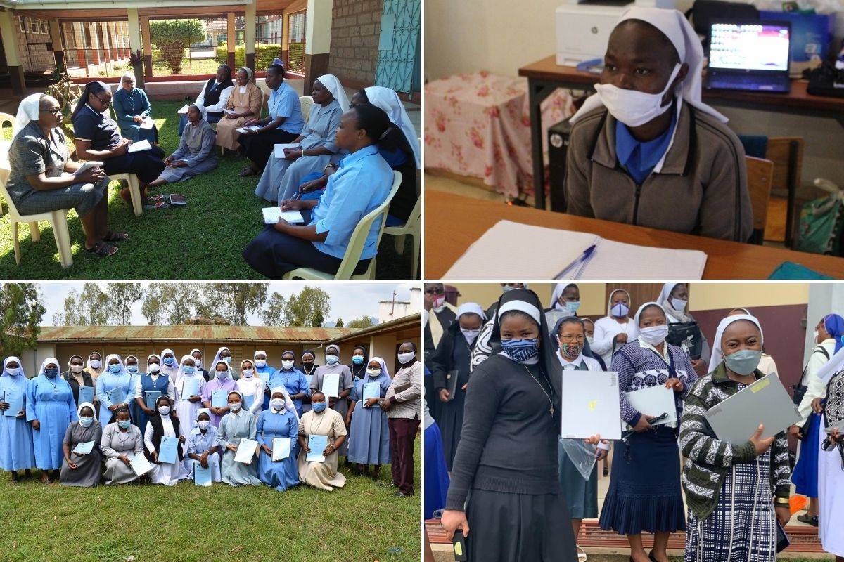 Clockwise, from top left: Alumnae workshop in Kenya (Feb. 2020). Sr. Victoria Ajio, MSBVM, attending a South Sudan SLDI Finance workshop. Sisters in Cameroon receive laptops during an Administration workshop. Tanzanian sisters receive books at a 2020 Administration workshop.