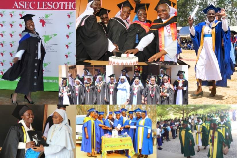 Graduation celebrations across Africa. Top row from left, Lesotho, Uganda and Malawi. Center, Tanzania. Bottom row from left, Uganda, Malawi and Nigeria.