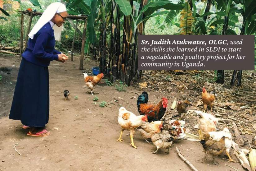 Sr. Judith Atukwatse, OLGC, used the skills she learned in SLDI to start a vegetable and poultry project for her community in Uganda.