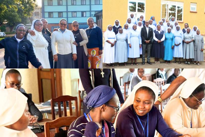 2023 Reflective Learning Workshops, clockwise from the bottom: Sr. Esther Okorie, MSDP, & Sr. Bernardine Sembe, ICM, in Cameroon, students in Uganda, and students in Zambia