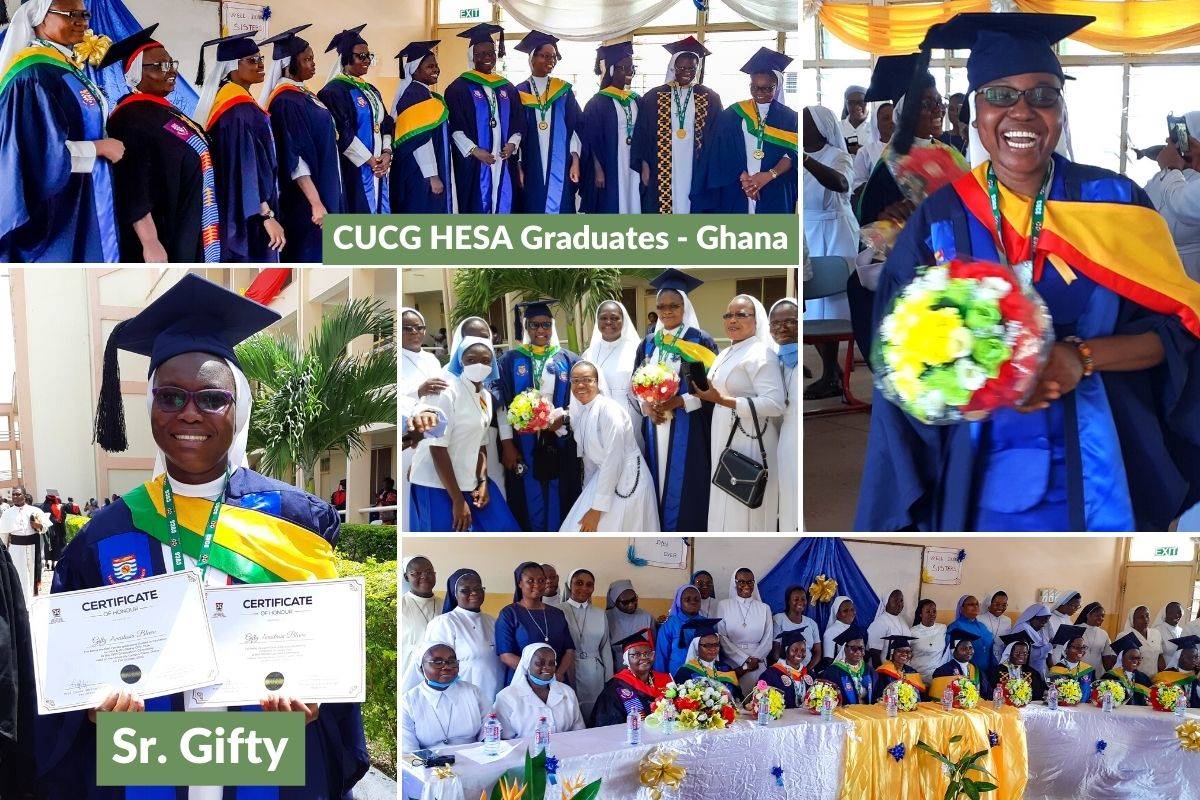 Photos from the 2020 Catholic University College of Ghana (CUCG) graduation ceremony on October 31, 2020. Afterwards, a celebration took place for the 13 HESA CUCG graduates.