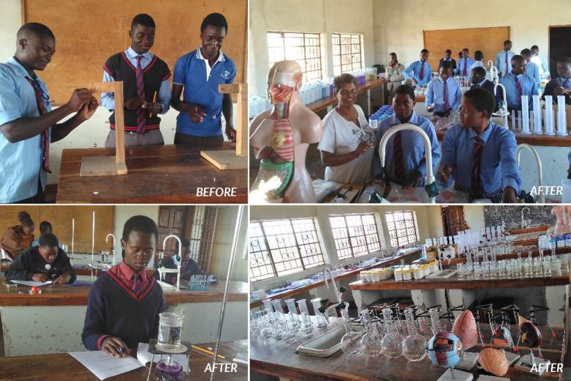 Before the $15,000 grant, students had no equipment (top left). Now, through the purchase of new books and science lab equipment, they are thriving. Sr. Prema adds, 