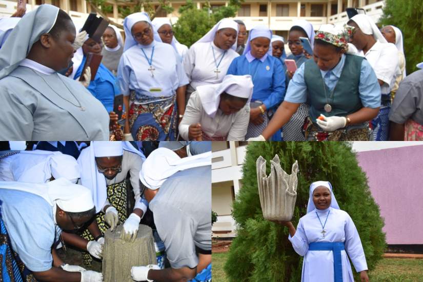 ASEC alumnae learn the entrepreneurial skill of making flower pots at the 2023 Alumnae Workshop 
in Tanzania.
