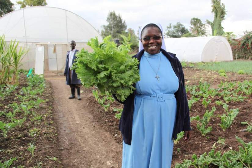 Sr. Catherine shows off lettuce grown at the Thika farm greenhouse farming project in Kenya, run by SLDI alumna Sr. Susan Wanjiru, an Assumption Sister of Nairobi (ASN). Growing better crops leads to increased food production to feed children in their schools.