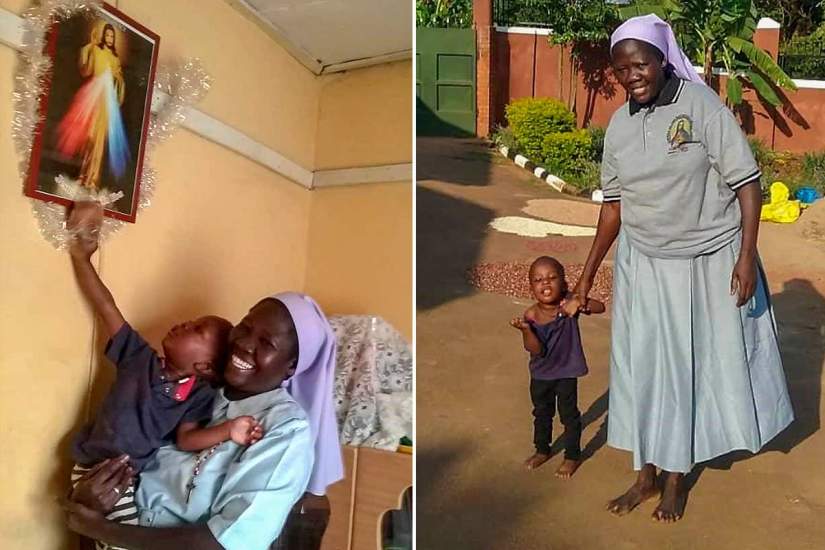 During lockdown, Sr. Mary Faida spends time with baby Martin, who suffers from complications from a spinal cord injury occurring at birth. Every day, she holds Martin’s hands and walks around with him for exercise and physiotherapy.