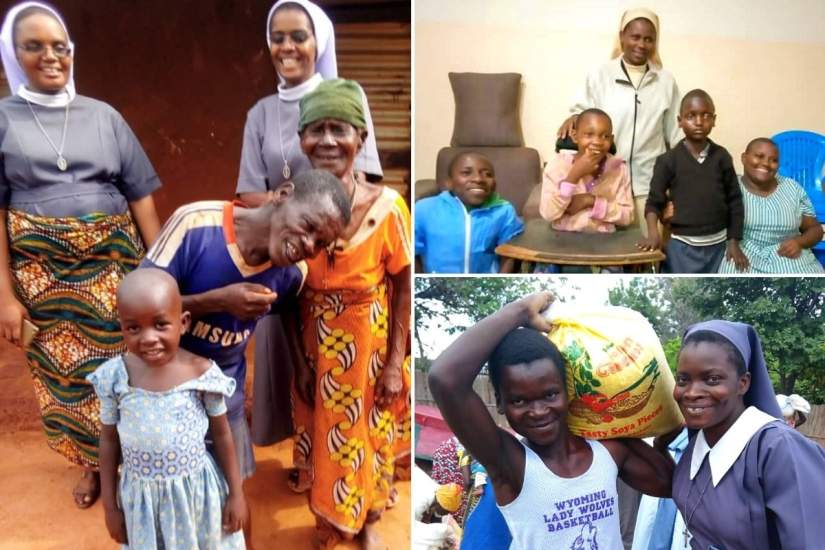 Clockwise, from top left: (1) SMI sisters, Tanzania, visit an elderly woman who is in need of assistance. (2) LSOSF sisters care for individuals with various disabilities. (3) Teresian sisters distributing maize using the funds secured by an SLDI alumna.